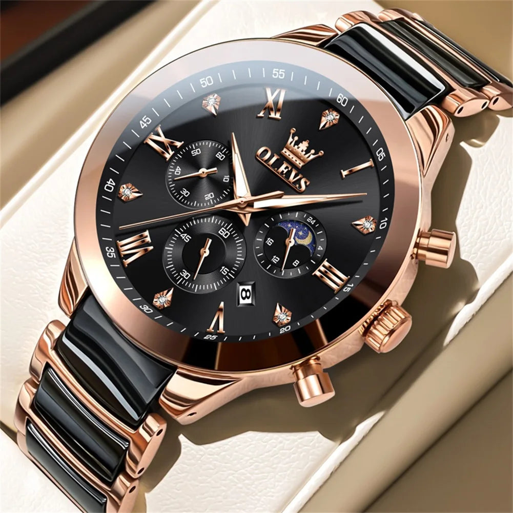 OLEVS 7004 Luminous Ceramic, Steel Strips Moon Phase Quartz Watch - OLEVS