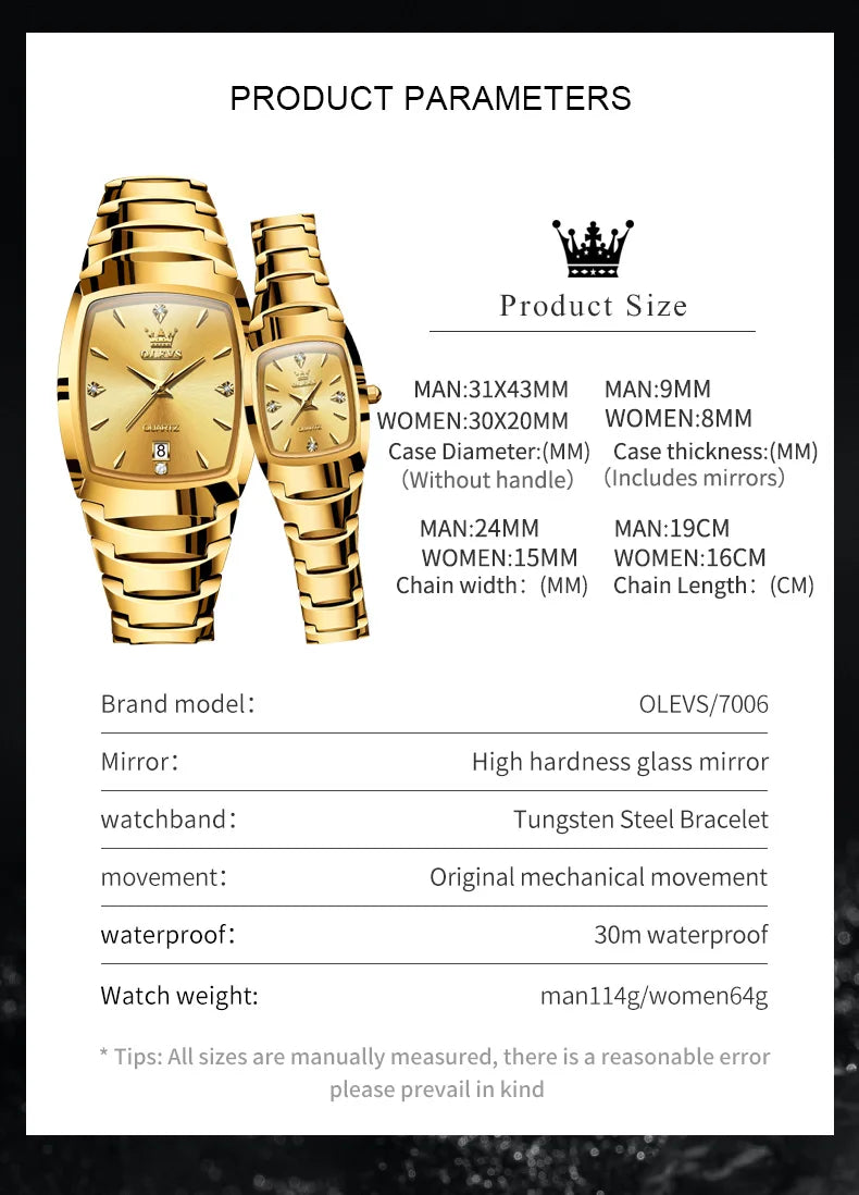 OLEVS 7006 Tonneau Tungsten Steel Couple Watch for Men Women Luxury Brand Quartz Lover's Watch His or Hers Waterproof Wristwatch OLEVS Official Watch Store