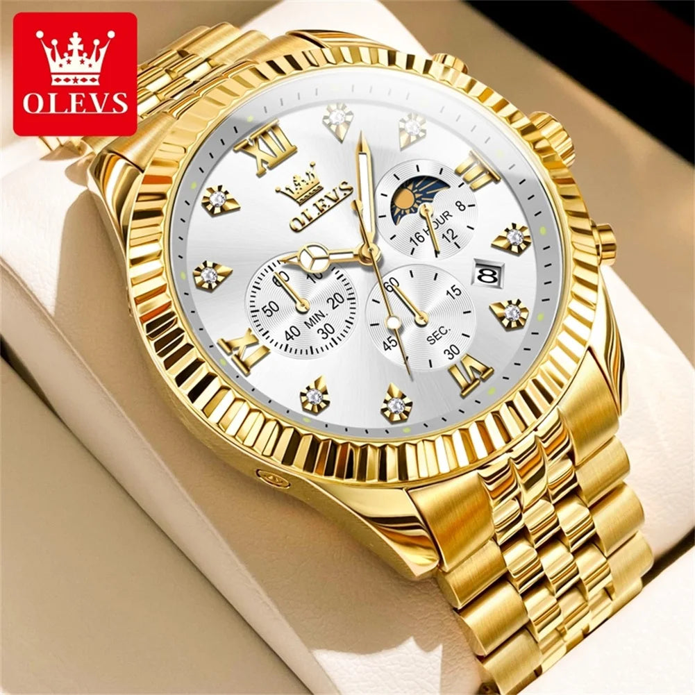 OLEVS 2932 Luxury Gold Watch Multifunctional Lunar Phase Dial Single Calendar Window Hourly Timing Quartz Movement Classic Luminous Function 30M Waterproof Watch For Men OLEVS Official Watch Store