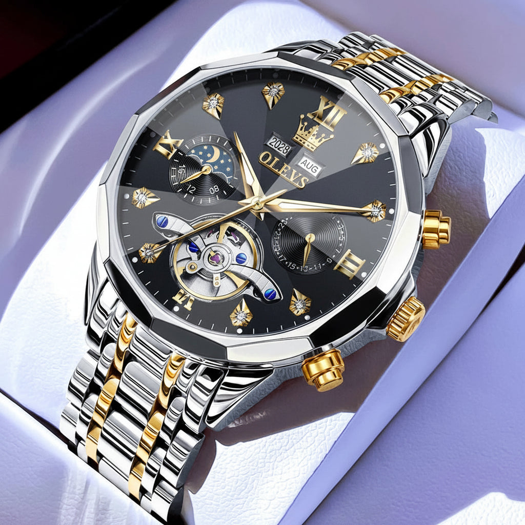 OLEVS 6621 Diamond Mirror Automatic Skeleton Moon Phase Wristwatch - OLEVS