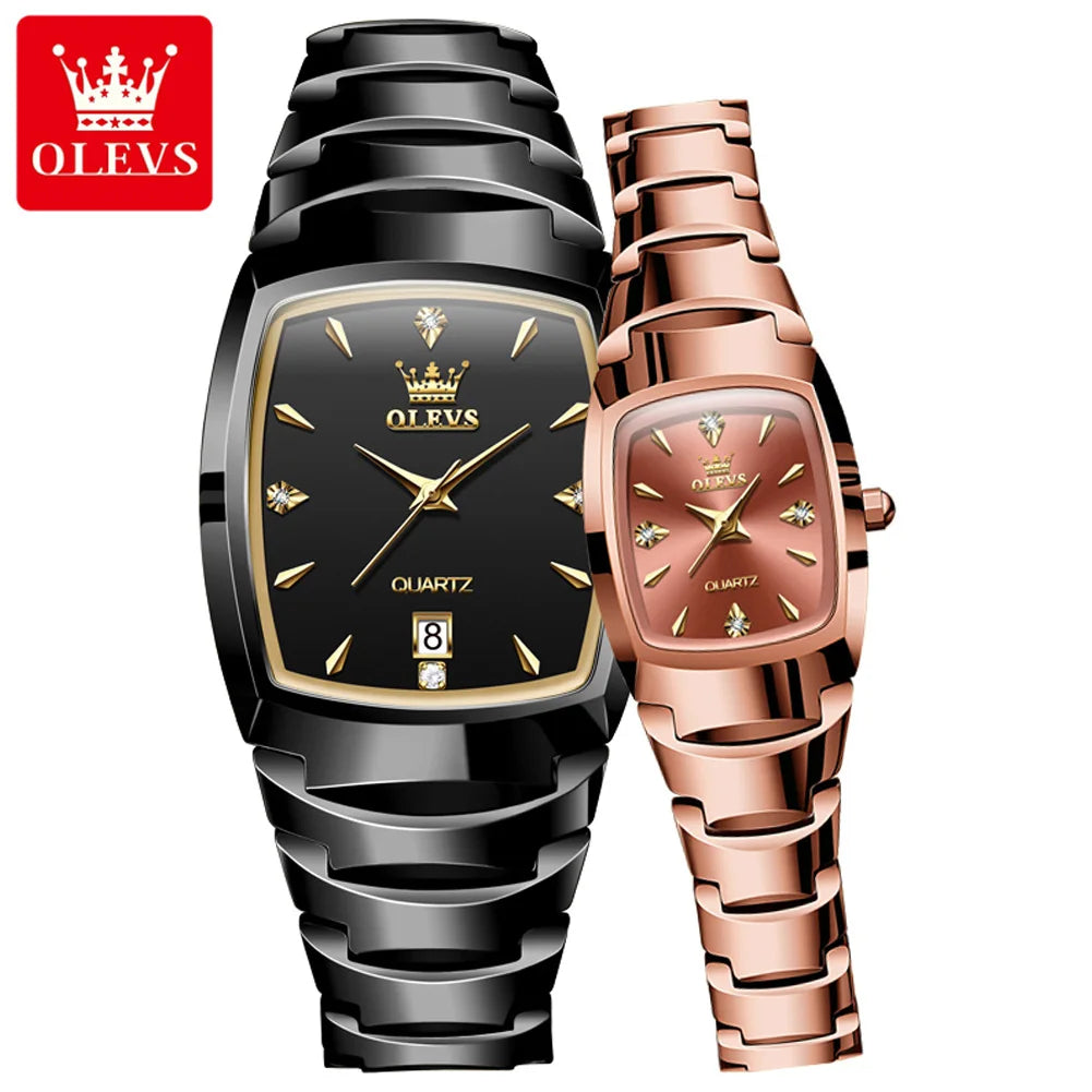 OLEVS 7006 Tonneau Tungsten Steel Couple Watch for Men Women Luxury Brand Quartz Lover's Watch His or Hers Waterproof Wristwatch OLEVS Official Watch Store