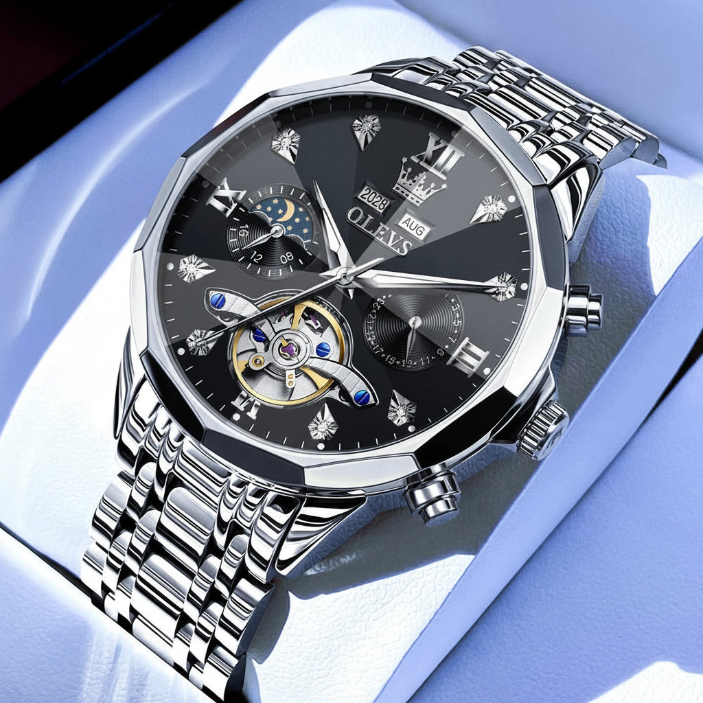 OLEVS 6621 Diamond Mirror Automatic Skeleton Moon Phase Wristwatch - OLEVS