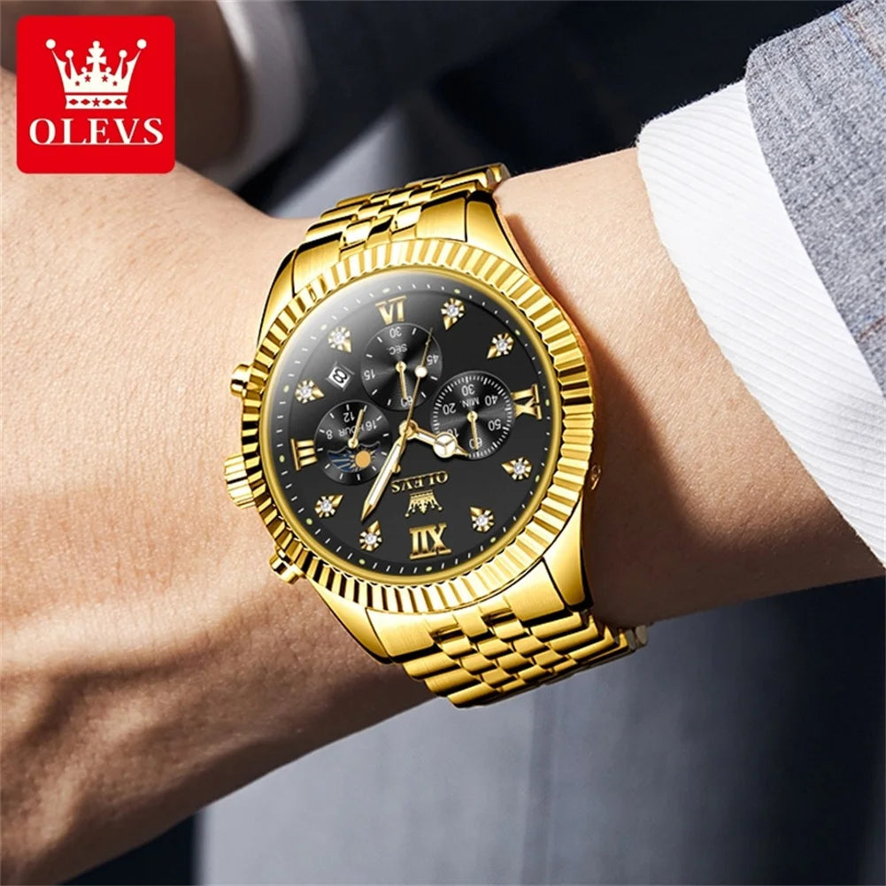 OLEVS 2932 Luxury Gold Watch Multifunctional Lunar Phase Dial Single Calendar Window Hourly Timing Quartz Movement Classic Luminous Function 30M Waterproof Watch For Men OLEVS Official Watch Store