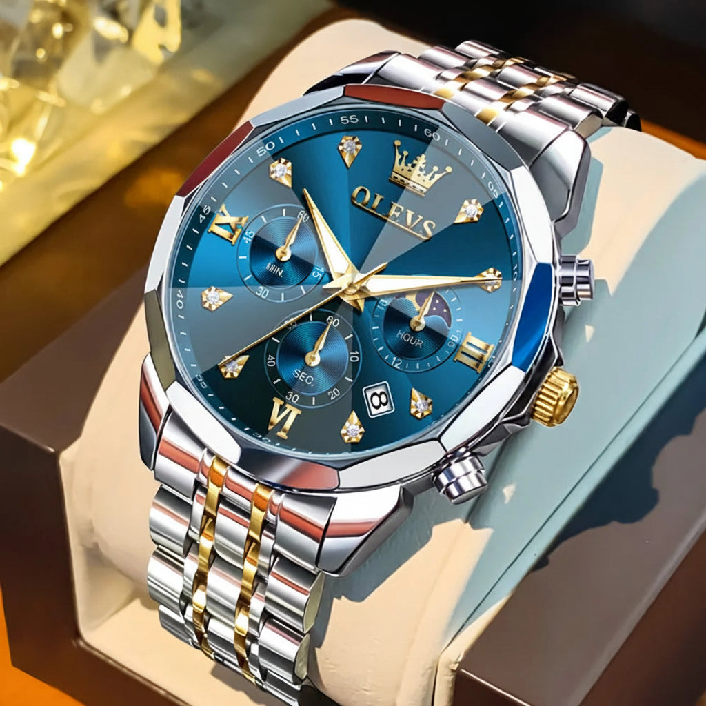 Luxury watch with blue face and silver and gold accents, featuring the OLEVS brand.