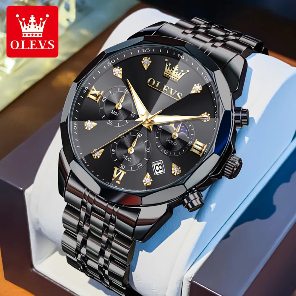 Black and gold OLEVS watch on a white and blue background