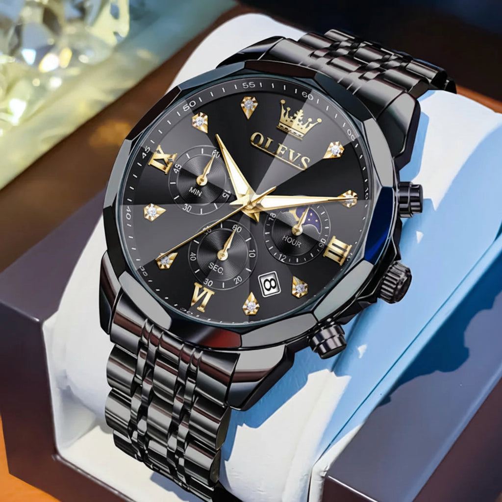 Black and gold OLEVS watch on a white and blue background