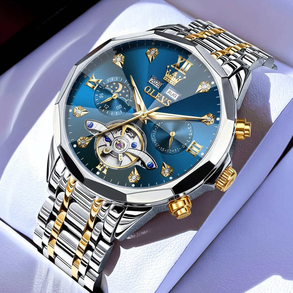 OLEVS 6621 Diamond Mirror Automatic Skeleton Moon Phase Wristwatch - OLEVS
