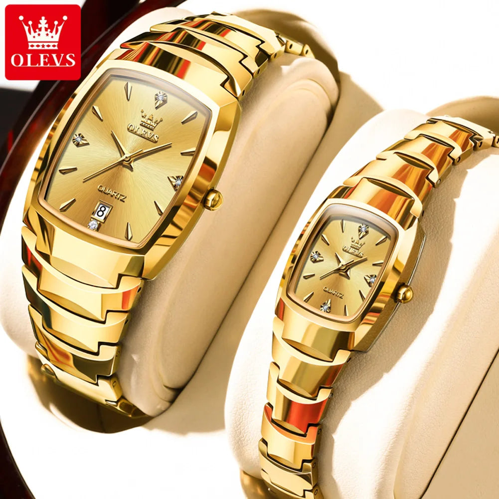 OLEVS 7006 Tonneau Tungsten Steel Couple Watch for Men Women Luxury Brand Quartz Lover's Watch His or Hers Waterproof Wristwatch OLEVS Official Watch Store
