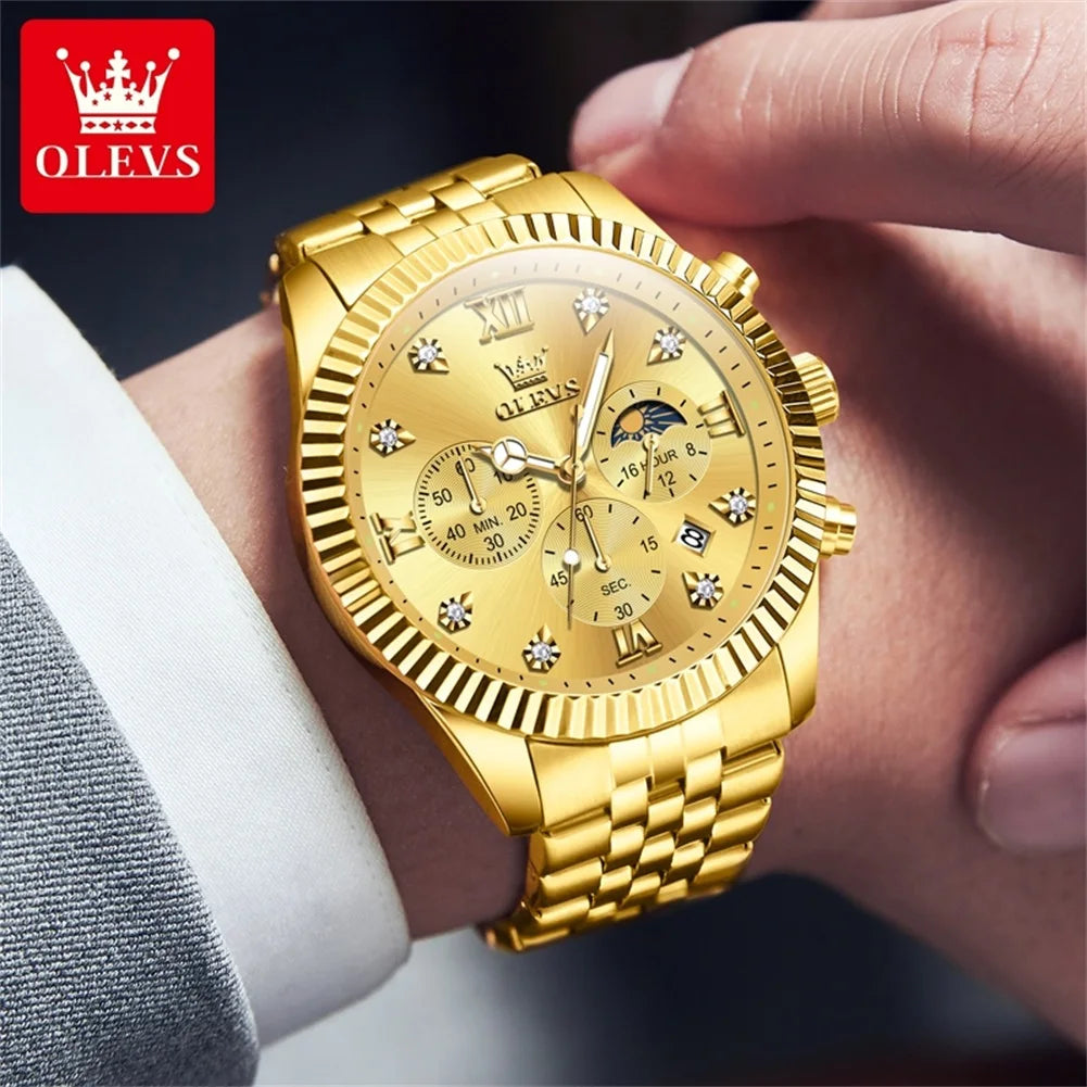 OLEVS 2932 Luxury Gold Watch Multifunctional Lunar Phase Dial Single Calendar Window Hourly Timing Quartz Movement Classic Luminous Function 30M Waterproof Watch For Men OLEVS Official Watch Store