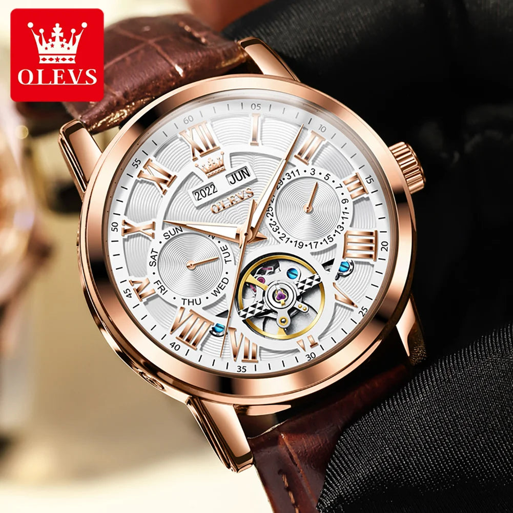 OLEVS 6668 Chronograph Moon Phase Calendar Leather Strap Quartz Watch - OLEVS