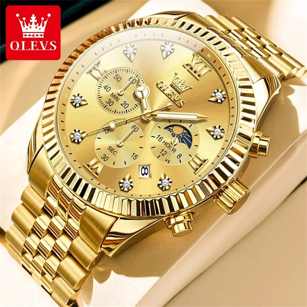 OLEVS 2932 Luxury Gold Watch Multifunctional Lunar Phase Dial Single Calendar Window Hourly Timing Quartz Movement Classic Luminous Function 30M Waterproof Watch For Men OLEVS Official Watch Store