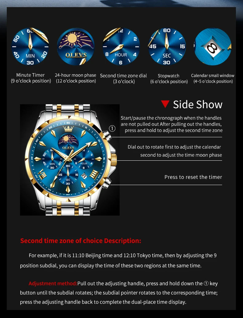 OLEVS 3653 7-Hand Multifunction Chronograph With Moon Phase Quartz Watch - OLEVS