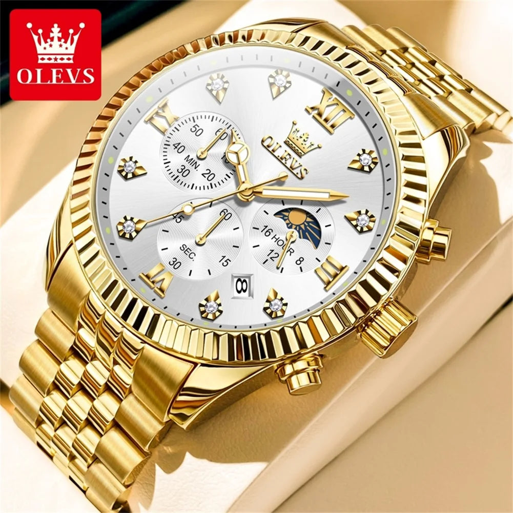 OLEVS 2932 Luxury Gold Watch Multifunctional Lunar Phase Dial Single Calendar Window Hourly Timing Quartz Movement Classic Luminous Function 30M Waterproof Watch For Men OLEVS Official Watch Store