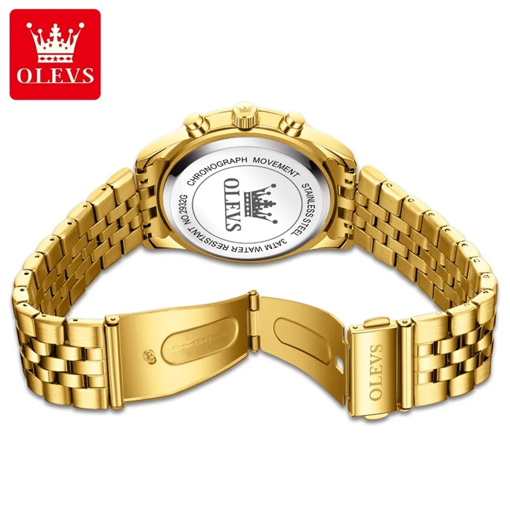 OLEVS 2932 Luxury Gold Watch Multifunctional Lunar Phase Dial Single Calendar Window Hourly Timing Quartz Movement Classic Luminous Function 30M Waterproof Watch For Men OLEVS Official Watch Store