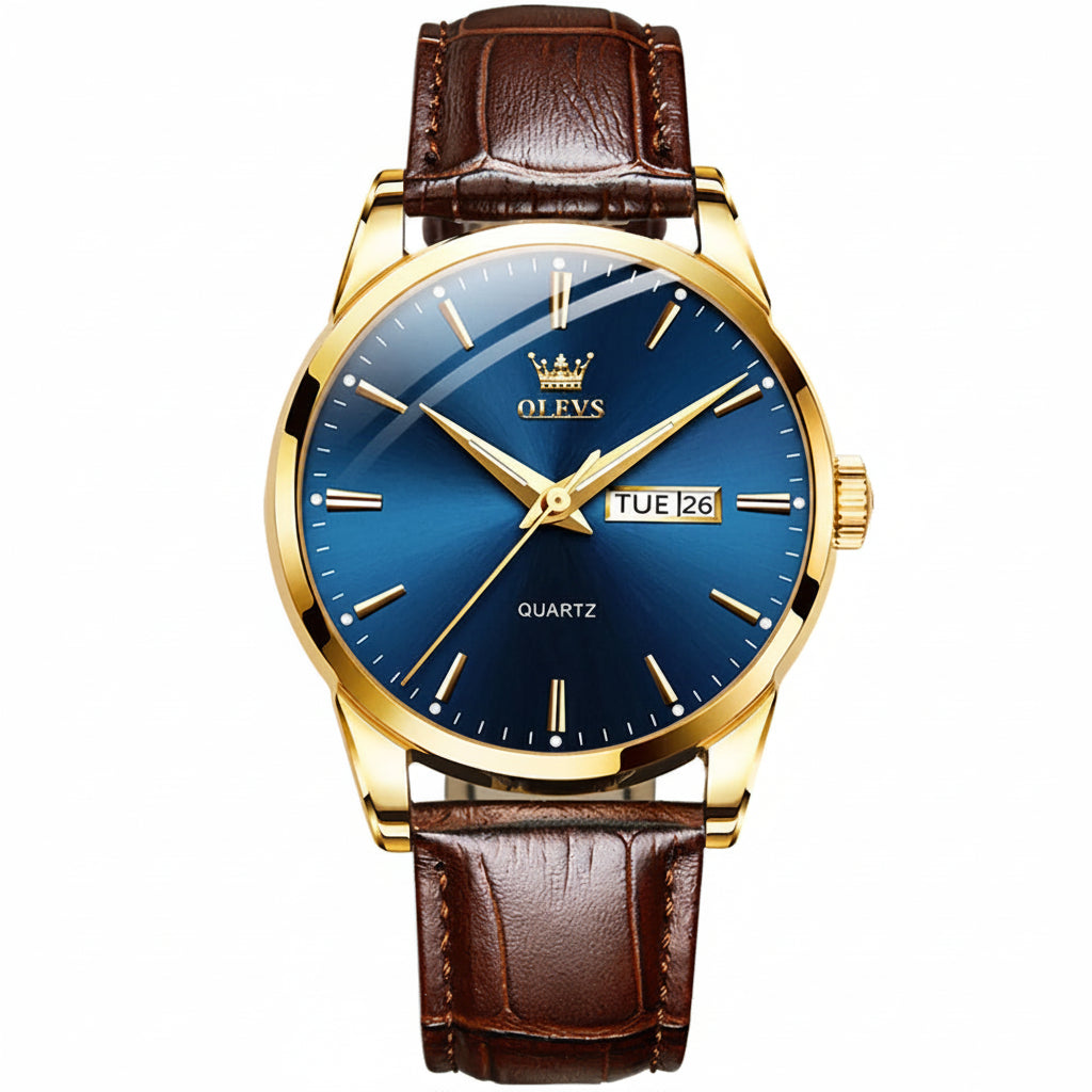 OLEVS 6898 Quartz Genuine Leather Strap Watch - OLEVS