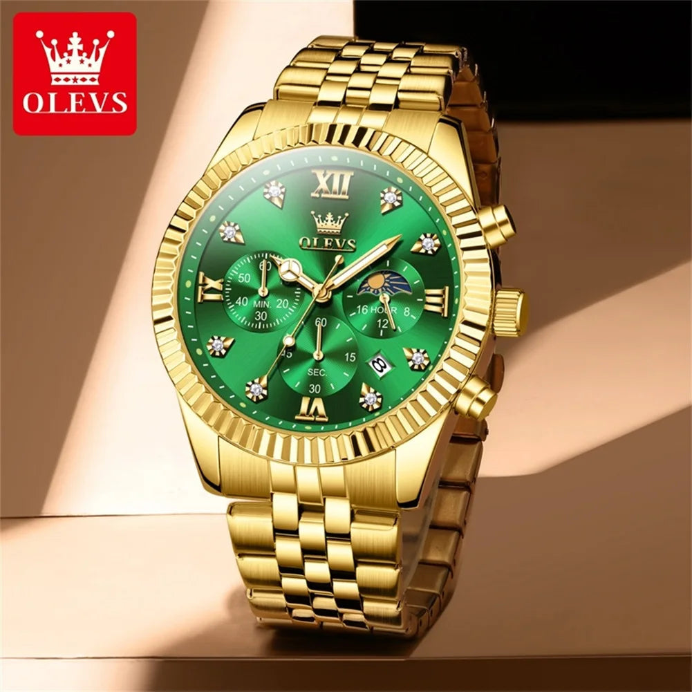 OLEVS 2932 Luxury Gold Watch Multifunctional Lunar Phase Dial Single Calendar Window Hourly Timing Quartz Movement Classic Luminous Function 30M Waterproof Watch For Men OLEVS Official Watch Store