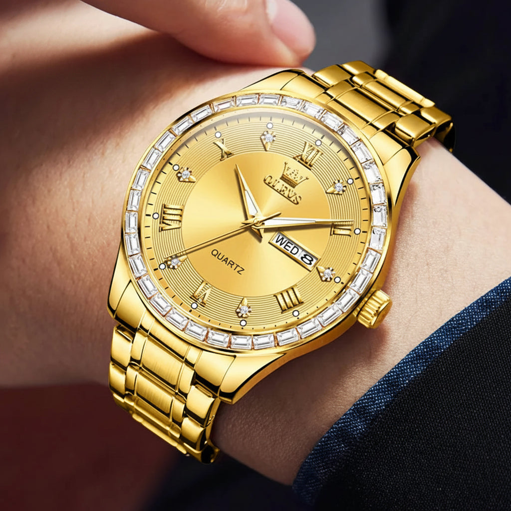 OLEVS 9906 Quartz Men's Watch Gold Diamond - OLEVS