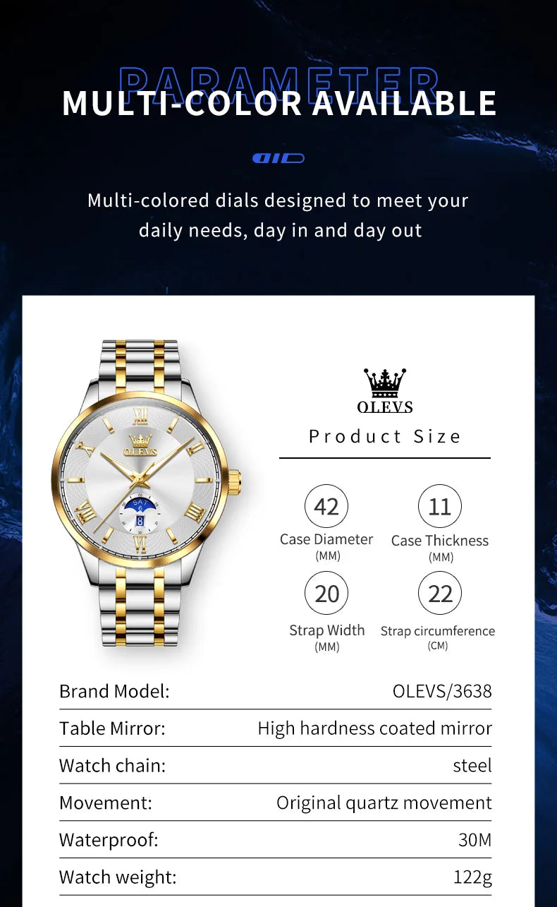 OLEVS 3638 Mens Quartz Watch Stainless Steel Luxury OLEVS