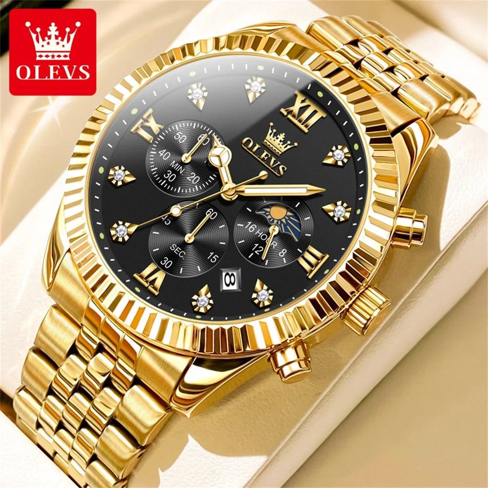 OLEVS 2932 Luxury Gold Watch Multifunctional Lunar Phase Dial Single Calendar Window Hourly Timing Quartz Movement Classic Luminous Function 30M Waterproof Watch For Men OLEVS Official Watch Store