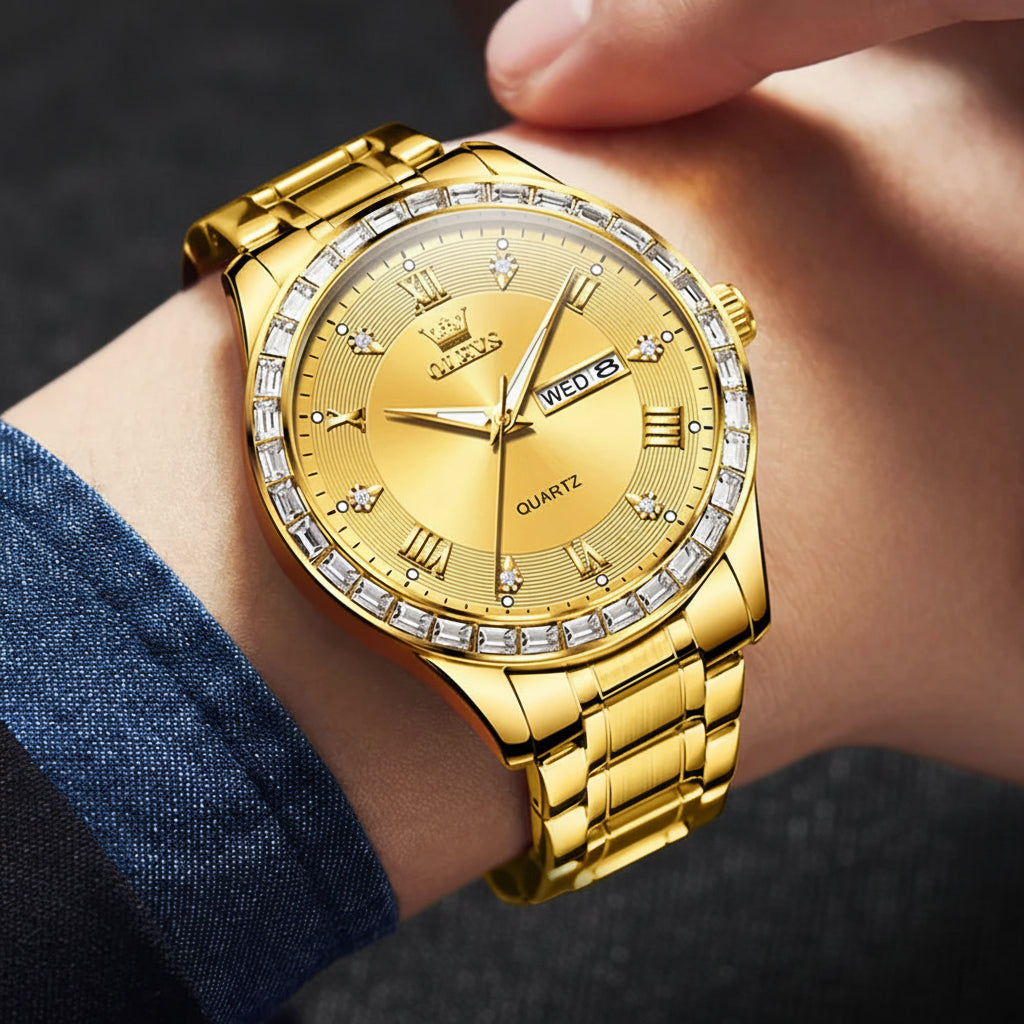 OLEVS 9906 Quartz Men's Watch Gold Diamond - OLEVS