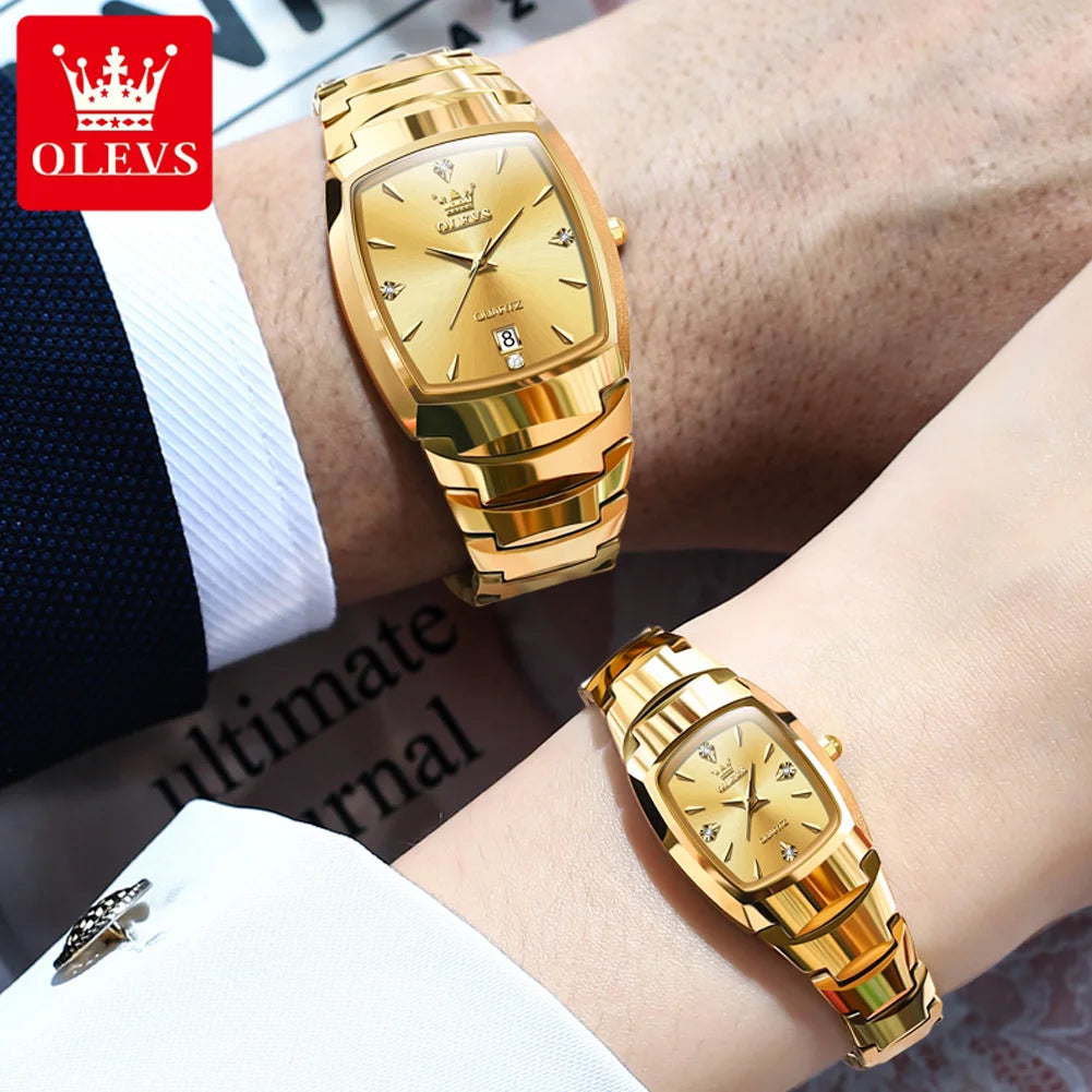 OLEVS 7006 Tonneau Tungsten Steel Couple Watch for Men Women Luxury Brand Quartz Lover's Watch His or Hers Waterproof Wristwatch OLEVS Official Watch Store