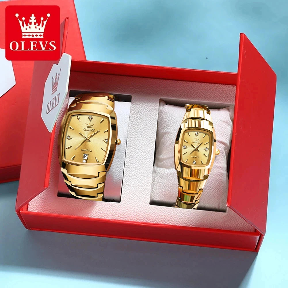 OLEVS 7006 Tonneau Tungsten Steel Couple Watch for Men Women Luxury Brand Quartz Lover's Watch His or Hers Waterproof Wristwatch OLEVS Official Watch Store