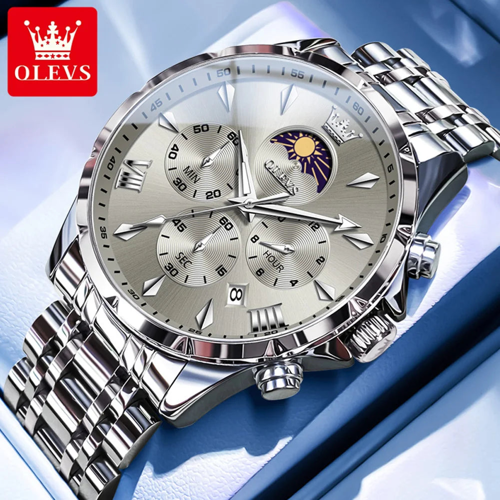 OLEVS 3653 7-Hand Multifunction Chronograph With Moon Phase Quartz Watch - OLEVS