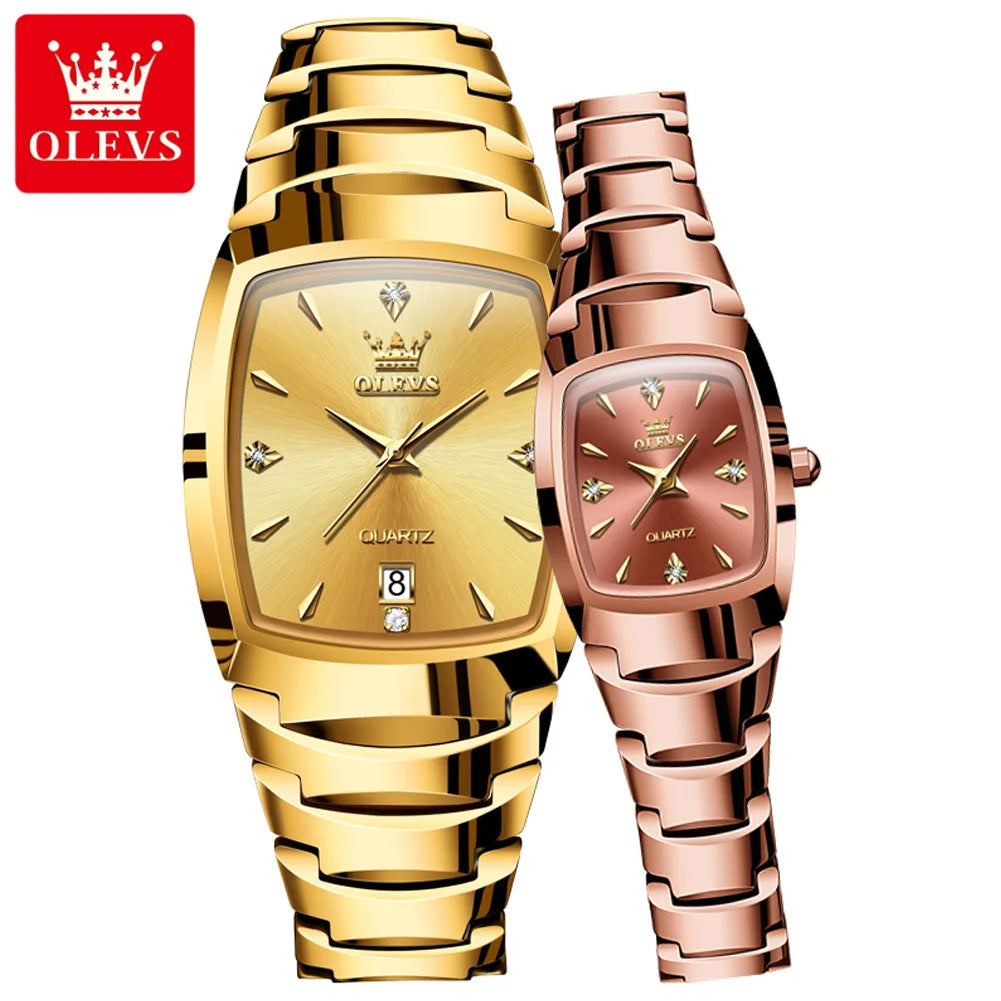 OLEVS 7006 Tonneau Tungsten Steel Couple Watch for Men Women Luxury Brand Quartz Lover's Watch His or Hers Waterproof Wristwatch OLEVS Official Watch Store