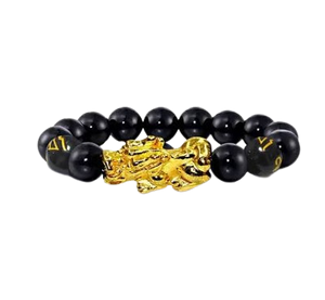 Black beaded bracelet with a gold charm on a white background