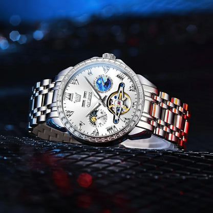 OLEVS 6712 Skeleton Flywheel Calendar Moon Phase Diamond Bezel Watch - OLEVS
