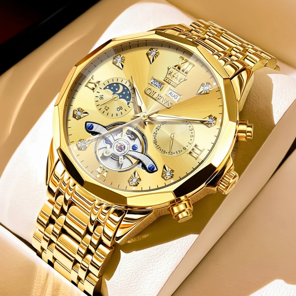 OLEVS 6621 Diamond Mirror Automatic Skeleton Moon Phase Wristwatch - OLEVS