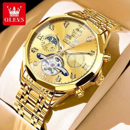 OLEVS 6621 Diamond Mirror Automatic Skeleton Moon Phase Wristwatch - OLEVS
