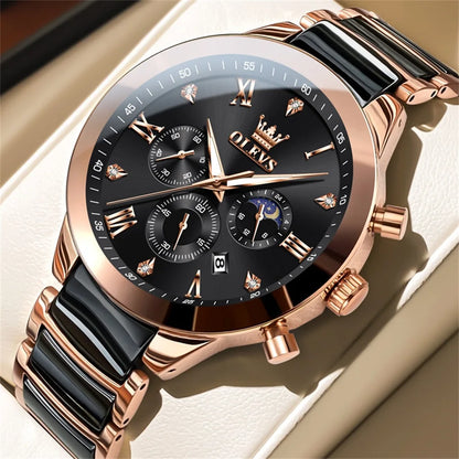OLEVS 7004 Luminous Ceramic, Steel Strips Moon Phase Quartz Watch - OLEVS