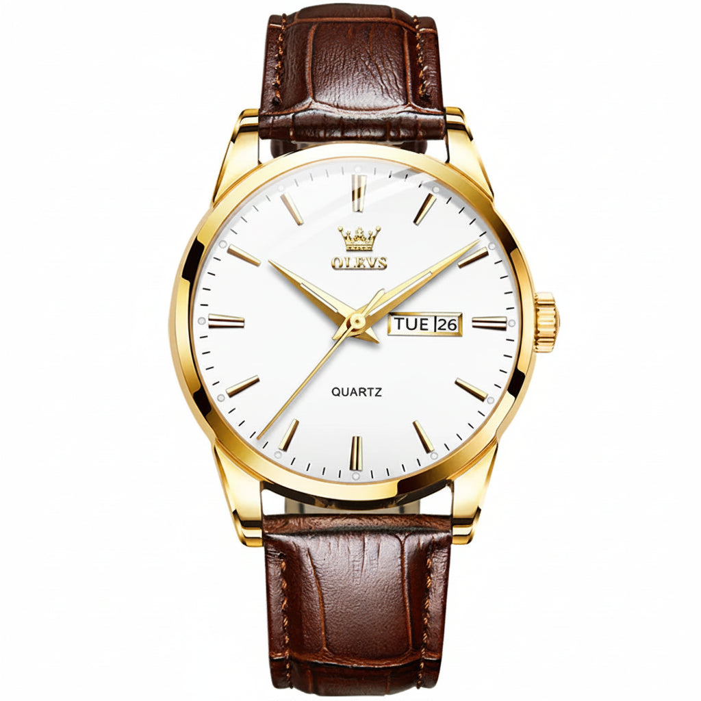 OLEVS 6898 Quartz Genuine Leather Strap Watch - OLEVS