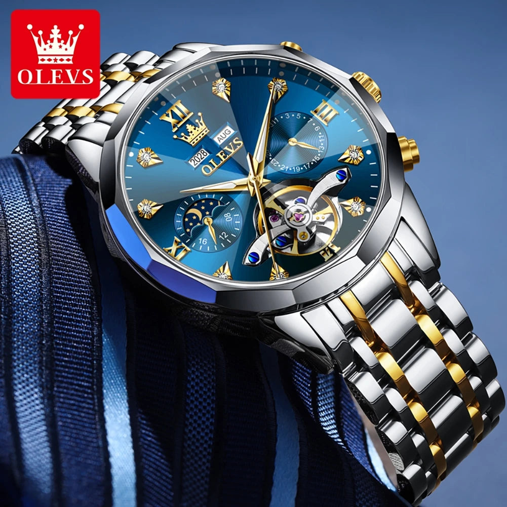 OLEVS 6621 Diamond Mirror Automatic Skeleton Moon Phase Wristwatch - OLEVS