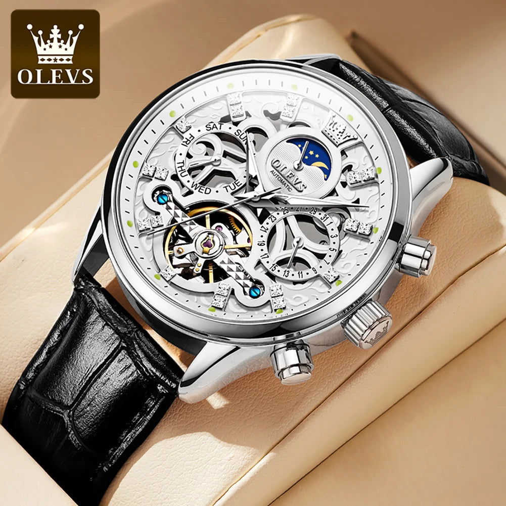 OLEVS 6658 Mens Watch Business Leather Strap Reloj  Hollow out Mechanical Automatic Wristwatch Waterproof Luminous Watch For Man OLEVS Official Watch Store