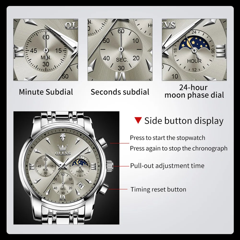 OLEVS 3639 Multifunctional Chronograph Watch, Luminous Moon Phase Watch - OLEVS