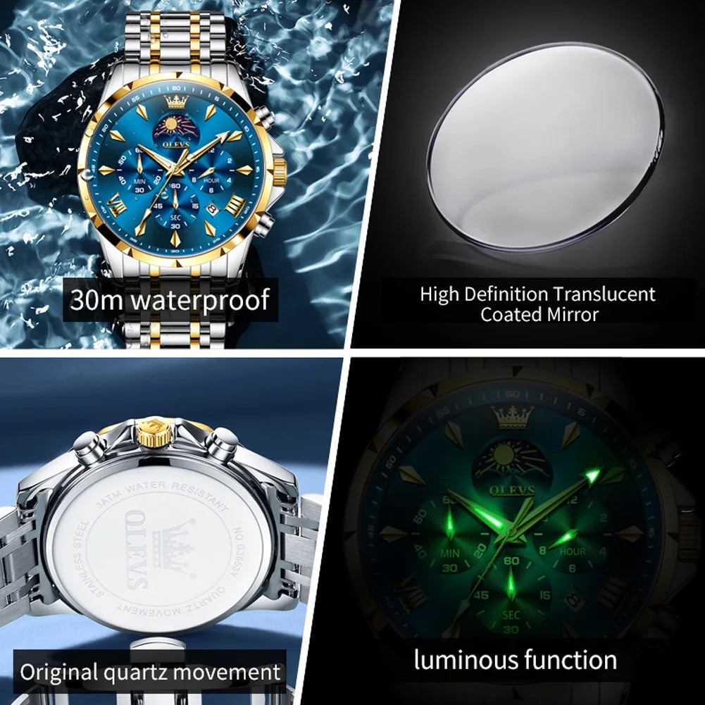 OLEVS 3653 7-Hand Multifunction Chronograph With Moon Phase Quartz Watch - OLEVS