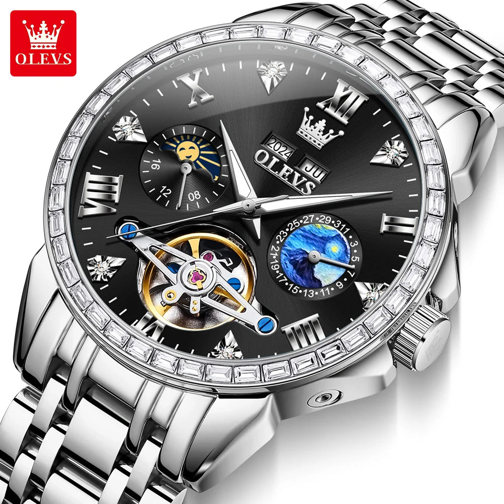 OLEVS 6712 Skeleton Flywheel Calendar Moon Phase Diamond Bezel Watch - OLEVS