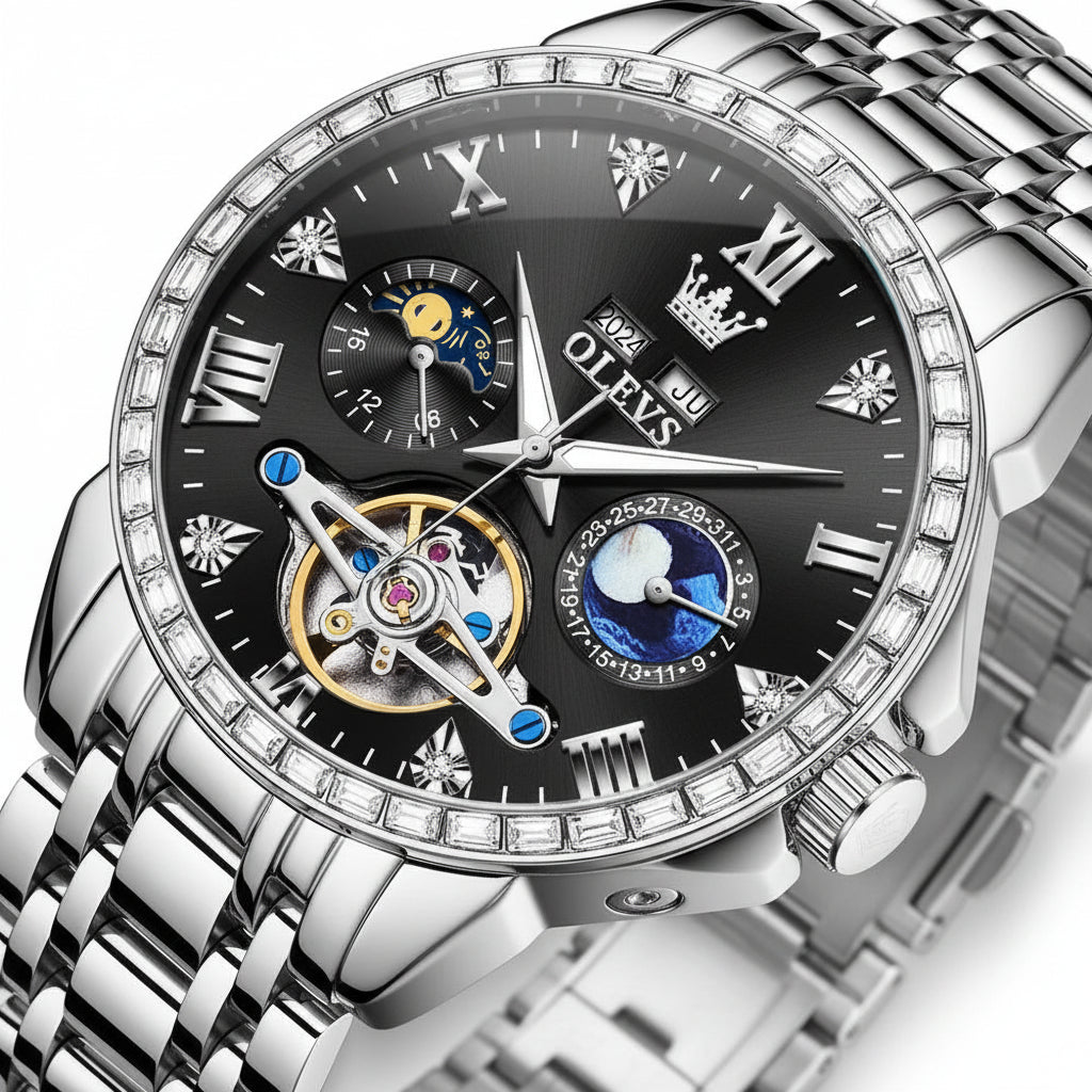 OLEVS 6712 Skeleton Flywheel Calendar Moon Phase Diamond Bezel Watch - OLEVS
