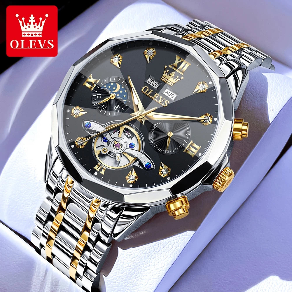 OLEVS 6621 Diamond Mirror Automatic Skeleton Moon Phase Wristwatch - OLEVS