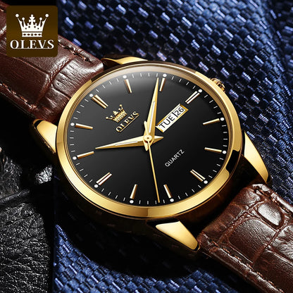 OLEVS 6898 Quartz Genuine Leather Strap Watch - OLEVS