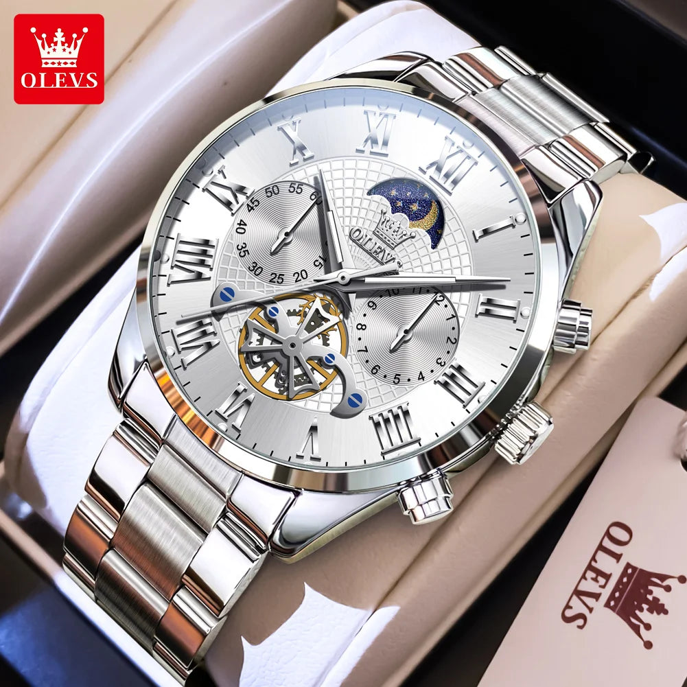OLEVS 3640 Moon Phase Roman Scale Chronograph Stainless Steel Quartz Watch - OLEVS