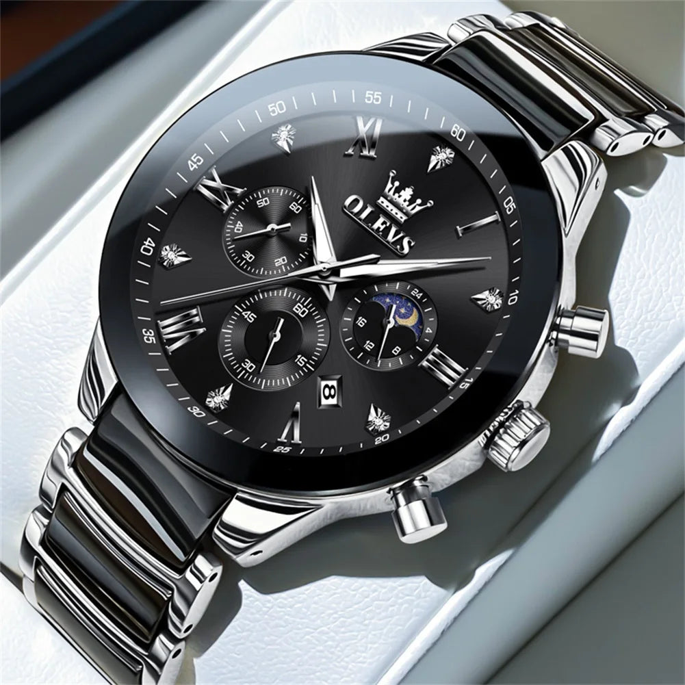 OLEVS 7004 Luminous Ceramic, Steel Strips Moon Phase Quartz Watch - OLEVS