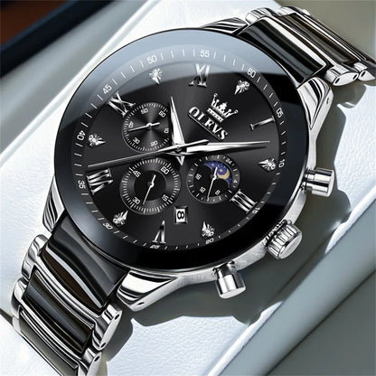 OLEVS 7004 Luminous Ceramic, Steel Strips Moon Phase Quartz Watch - OLEVS