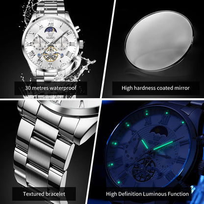OLEVS 3640 Moon Phase Roman Scale Chronograph Stainless Steel Quartz Watch - OLEVS