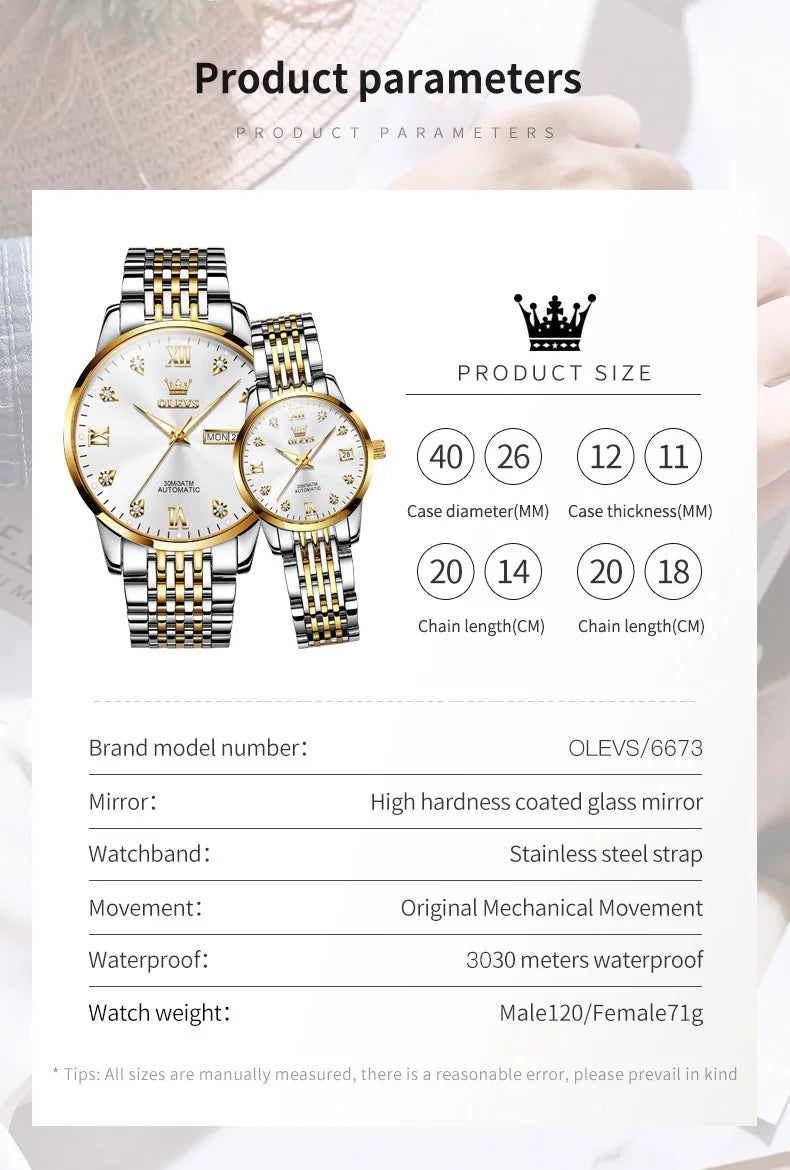 OLEVS 6673 Automatic Mechanical Couple Watch - OLEVS