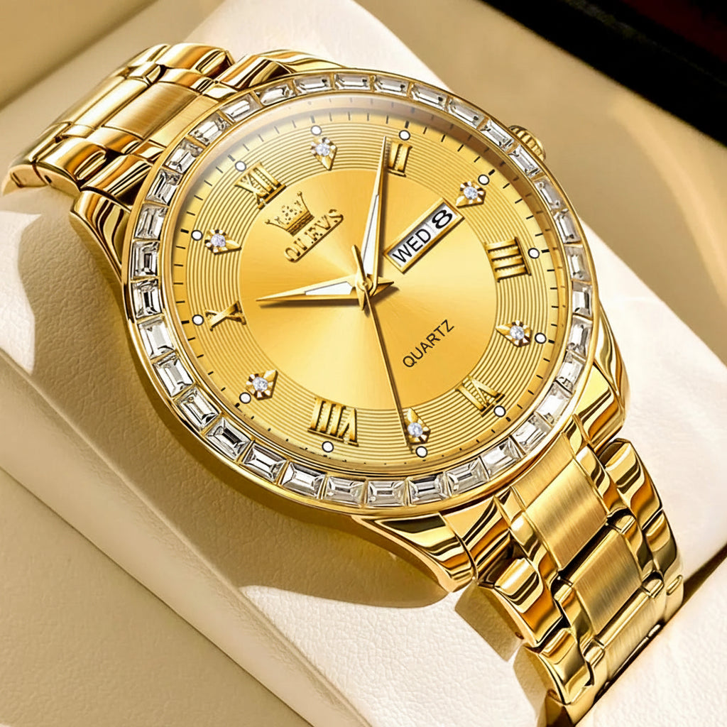 OLEVS 9906 Quartz Men's Watch Gold Diamond - OLEVS
