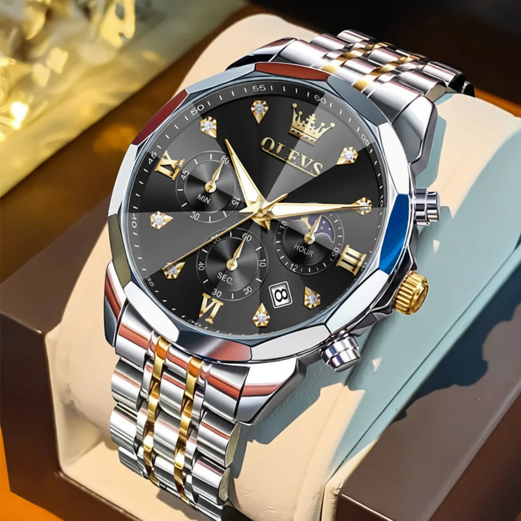 Luxury watch with detailed face and metallic band on a box, featuring OLEVS branding.