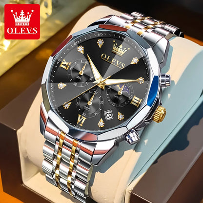 Luxury watch with detailed face and metallic band on a box, featuring OLEVS branding.